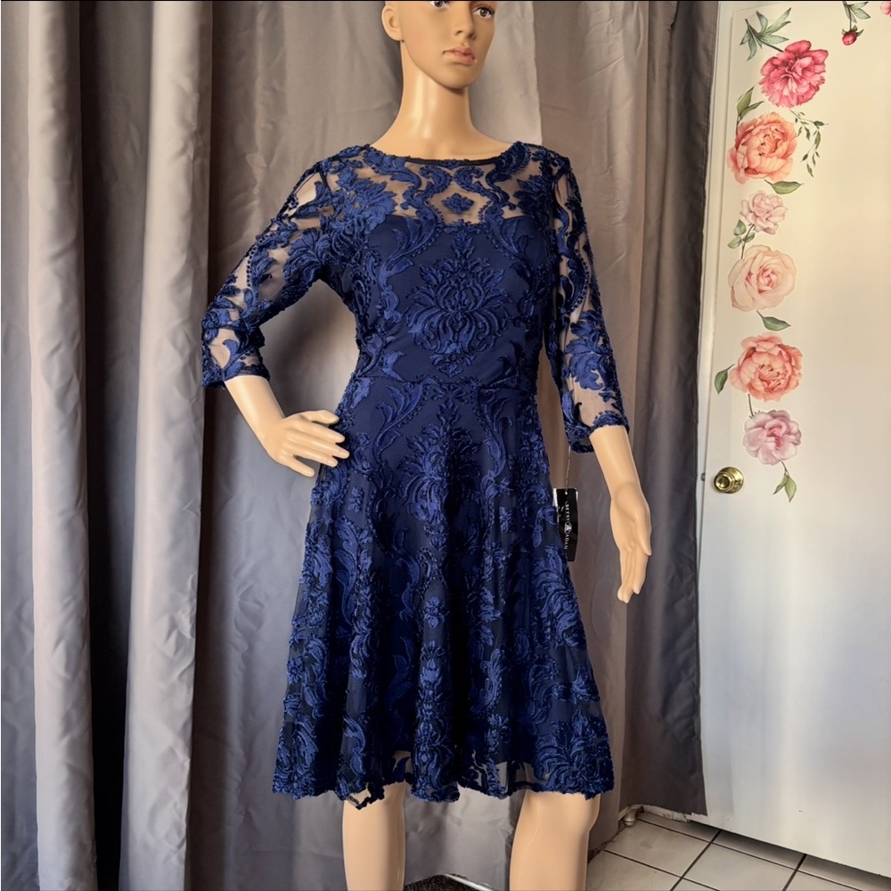 Adam Blue Fit and Flare Dress with Bateau Neckline
